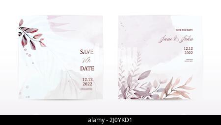 Set di carte quadrate progettate con foglie e macchie di acquerello. Collezione acquerello vettore botanico adatto per matrimonio invito, salvare il da Illustrazione Vettoriale
