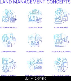 Set di icone del concetto gradiente blu di gestione del territorio Illustrazione Vettoriale