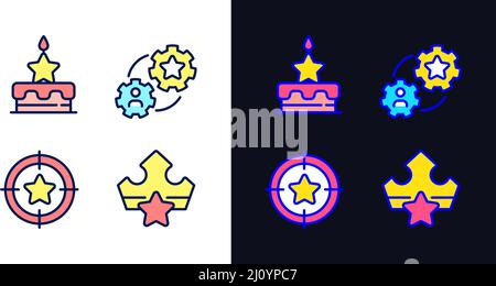 Ricompensare i clienti fedeli pixel perfetto luce e colore scuro tema icone set Illustrazione Vettoriale