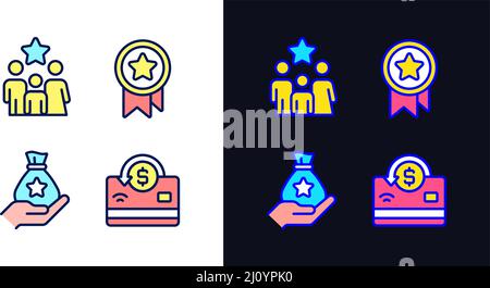 Cash premia pixel perfetto luce e scuro tema icone di colore set Illustrazione Vettoriale