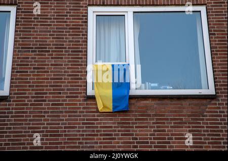 Bandiera Ukraniana per protesta ad Amsterdam Paesi Bassi 18-3-2022 Foto Stock