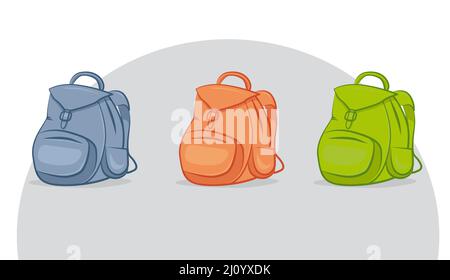 Set vettoriale di icone di zaino sportivo, verde, blu, arancione zaino sportivo per la gioventù per la scuola, zaino classico per bambini Illustrazione Vettoriale