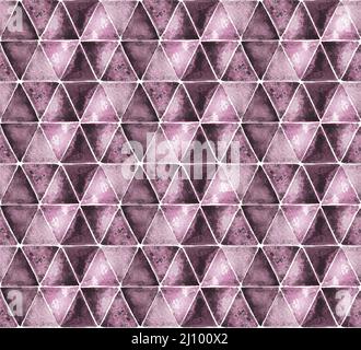 Grunge e sporco geometrico senza giunture motivo di viola borgogna triangoli, viola watercolor vernice sfondo texture con watercolor wet wash e sale Foto Stock