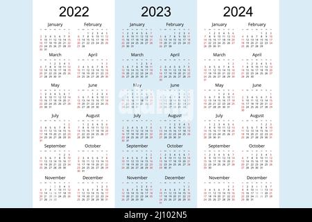 Calendario pianificatore 2022, 2023, 2024, modello di Corporate design planner. La settimana inizia la domenica Illustrazione Vettoriale