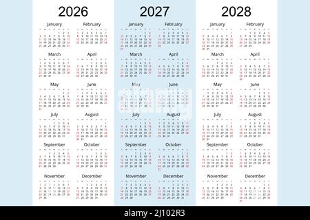 Calendario pianificatore 2026, 2027, 2028, modello di Corporate design planner. La settimana inizia la domenica Illustrazione Vettoriale