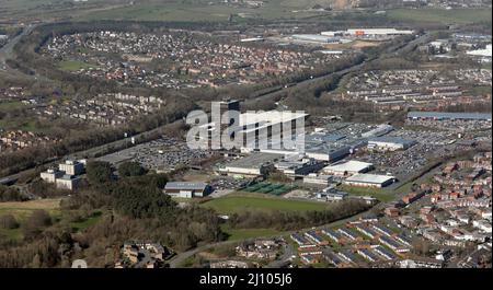 Veduta aerea di Washington, County Durham, Regno Unito. Foto dal mare con le Gallerie Shopping Center & Retail Park, Asda e Sainsburys prominente. Foto Stock