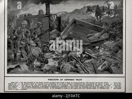 Distruggendo un treno armato - dopo che Ladysmith fu investito dai Boers, furono fatti diversi tentativi per comunicare con il generale Sir George White. Questa scena rappresenta l'episodio emozionante quando un treno blindato che tenta di correre da Colenso a Ladysmith è stato attaccato dai Boers. Una conchiglia di una delle grandi pistole ha rovesciato una delle automobili e ha portato il viaggio a un arresto, i soldati britannici subito saltato fuori e sotto la coraggiosa ispirazione di MR. Winston Churchill, un corrispondente giornale, ha proceduto a liberare via il relitto e permettere al motore di procedere. Questo è stato Foto Stock