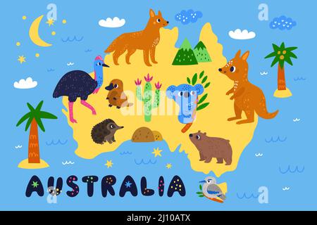 Mappa degli animali australiani. Fauna carina esotica. Divertente platypus e koala. Bambini personaggi mammifero. Kangaroo o echidna. Diavolo della Tasmania. Habitat di Illustrazione Vettoriale