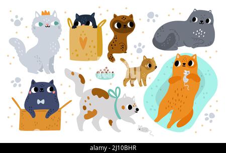 Razze Cat. Animali carini in diverse pose e attività, divertenti animali domestici, gattini giocosi, personaggi disegnati a mano cartoni animati, lana di vari colori, gatti Illustrazione Vettoriale