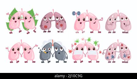 Simpatici personaggi dei polmoni. Organi interni umani sani e danneggiati. Cause e conseguenze malattie respiratorie. Benefici e danni delle azioni. Vettore Illustrazione Vettoriale
