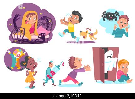 Paure dei bambini. Ragazzi e ragazze con fobie infantile. Personaggi horror e bambini spaventati. La gente teme mostri, fantasmi, cane e ragno. Spaventato Illustrazione Vettoriale