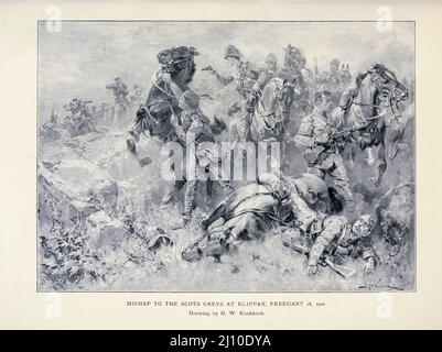 Mishap to the Scots Grays at Klippan Febbraio 18, 1902 disegno di H. W. Koekkoek dal libro " Sudafrica e la guerra Transvaal " di Louis Creswicke, Editore; Edimburgo : T. C. & E. C. Jack 1900 Foto Stock