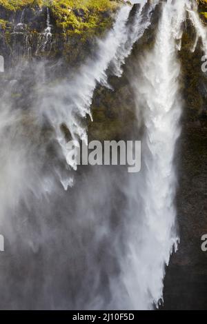 Irrorate in una giornata ventosa, alle Cascate Seljalandsfoss, vicino a Vik, Islanda meridionale. Foto Stock