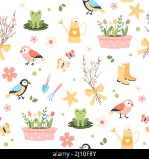 Primavera fiore modello - tulipani, uccelli e farfalle, attrezzi di giardinaggio. Illustrazione vettoriale in stile cartoon piatto Illustrazione Vettoriale