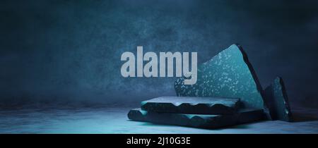 Illustrazione del podio blu in marmo terrazzo su sfondo nero banner 3D rendering Foto Stock