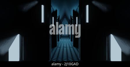 Scifi Fantasy Alien Hangar Tunnel futuristico Hallway Cyberpunk Solid Metallic Black Colors sfondo Surreal Future 3D Render Foto Stock