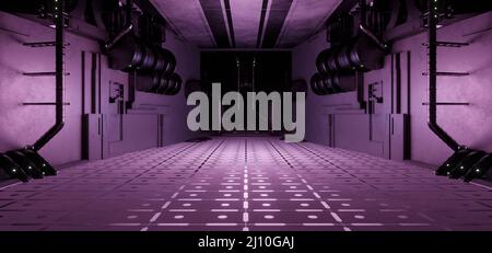 Outerspace Club futuristico corridoio interno Spaceship calcestruzzo solido metallico Dim Viola colori futuristici sfondo surreale futuro 3D rendering Foto Stock