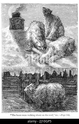 Gli orsi passeggiavano sul tetto dal libro ' The fur country ' o AKA ' Settanta gradi latitudine nord ' di Jules Verne, 1828-1905 Data di pubblicazione 1877 Editore Londra : Sampson Low, Marston, Searle, & Rivington. Riassunto della trama nel 1859 il Lt. Jasper Hobson e altri membri della Hudson's Bay Company viaggiano attraverso i territori del nord-ovest del Canada fino a Capo Bathurst sull'Oceano Artico per creare un forte a 70 gradi, a nord del Circolo Artico. La zona in cui si trova è molto ricca di fauna selvatica e risorse naturali. Jasper Hobson e il suo partito istituiscono qui un forte. A Foto Stock