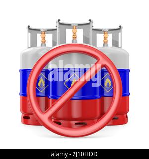 cartello vietato e bombola di gas con bandiera russia su sfondo bianco. Illustrazione 3D isolata Foto Stock