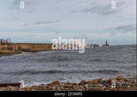 Il molo nord di Tynemouth è colpito da grandi onde Foto Stock