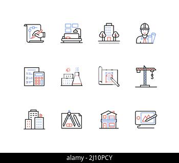 Costruzione e architettura - icone di stile di disegno di linea Illustrazione Vettoriale