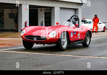 Carlos Sielecki, guidando la sua Red, 1955, Maserati A6GCS, lungo la corsia di Pit Nazionale durante le qualifiche per la gara del Trofeo Stirling Moss. Foto Stock