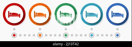 Sonno, letto, set di icone vettoriali concetto hotel, bottoni colorati dal design piatto, modello infografico in 5 opzioni di colore Illustrazione Vettoriale