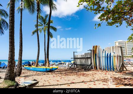 Le tavole da surf sono allineate nella cremagliera presso la famosa Waikiki Beach a Honolulu Foto Stock