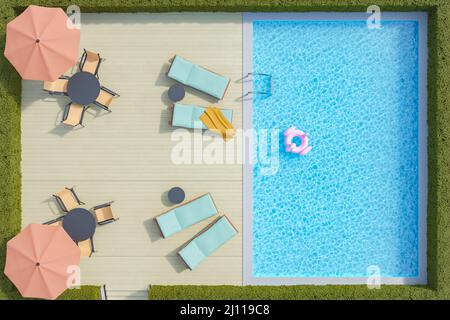 vista dall'alto di una terrazza con tavoli e ombrelloni e di una piscina circondata da cespugli. 3d rendering Foto Stock