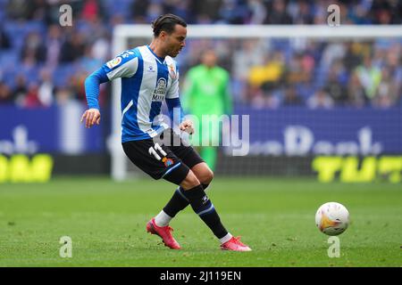 Raul de Tomas di RCD Espanyol durante la partita di la Liga tra RCD Espanyol e RCD Mallorca disputata al RCDE Stadium il 20 marzo 2022 a Barcellona, Spagna. (Foto di PRESSINPHOTO) Foto Stock