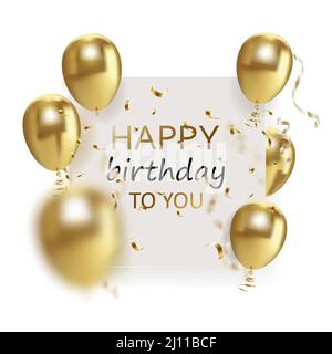 Felice illustrazione vettoriale compleanno - confetti in lamina d'oro e palloncini d'oro bianchi e glitter. Illustrazione Vettoriale