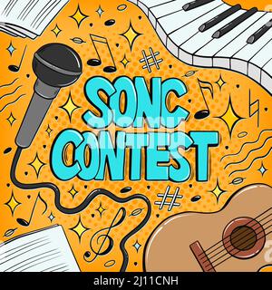 Canzone Contest parola bubble in stile pop art comic. Poster di battaglia con strumenti musicali Illustrazione Vettoriale