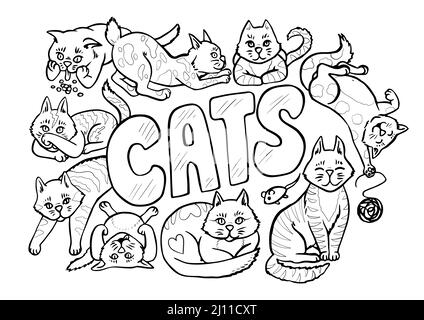 Cute Cats Anti stress colorazione pagina. I gatti disegnati a mano in bianco e nero giocano e si divertono, disegnano un poster isolato, illustrazione vettoriale Illustrazione Vettoriale