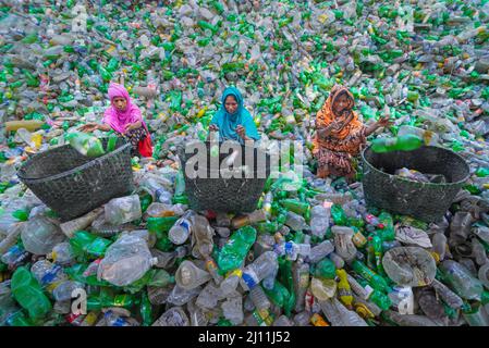 I lavoratori smistano le bottiglie di plastica usate in una fabbrica di riciclaggio a Noakhali, Bangladesh. Queste bottiglie sono raccolte principalmente da falchi e bambini di strada, che saranno poi venduti alle fabbriche locali. Le fabbriche quotidiane come quelle riciclano migliaia di bottiglie per fare i generi differenti di prodotti di plastica fatti. Con la plastica che non cessa mai, il riciclaggio della plastica in Bangladesh è oggi una grande industria. Bangladesh. Foto Stock