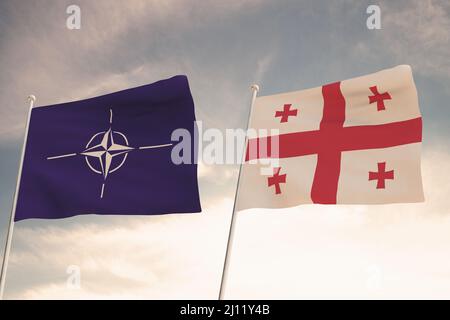 Bandiere della NATO e DELLA GEORGIA ondeggianti con cielo blu nuvoloso sfondo, 3D rendering GUERRA Foto Stock