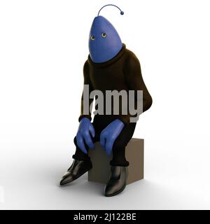 3d-illustrazione di un divertente pesce scifi isolato alieno con il maglione di tortleneck seduta Foto Stock