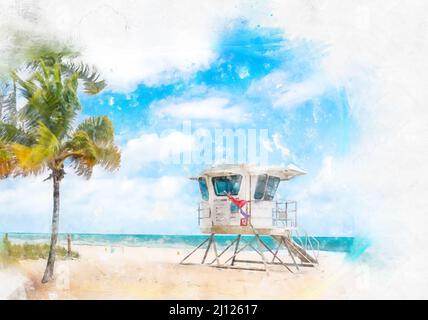 Illustrazione di pittura di acquerello della torre di bagnino in South Beach a Fort Lauderdale Florida, Stati Uniti Foto Stock