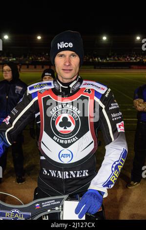 MANCHESTER, REGNO UNITO. MAR 21ST. Matej Žagar durante l'ATPI Peter Craven Memorial Trophy al National Speedway Stadium di Manchester lunedì 21st marzo 2022. (Credit: Ian Charles | MI News) Credit: MI News & Sport /Alamy Live News Foto Stock