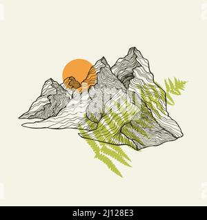 Stampa vettoriale arte di montagna, sole e linea di felci. Illustrazione vettoriale per stampe tessili, biglietti, design, logo. Illustrazione Vettoriale