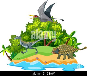 Scena con dinosauri su illustrazione isola Illustrazione Vettoriale