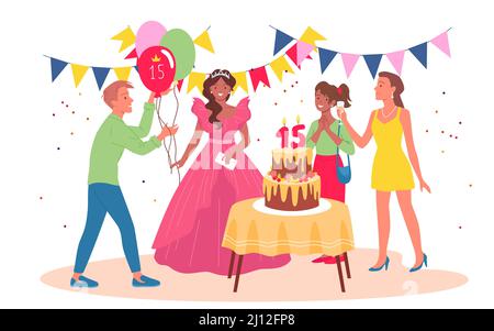 Festa di compleanno per la principessa teen, ragazza in abito rosa e gli amici festeggiare Illustrazione Vettoriale