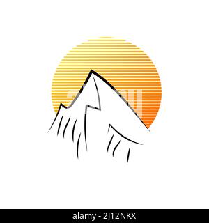 Alba in montagna. Logo aziendale astratto. Illustrazione vettoriale. Icona Campeggio Illustrazione Vettoriale