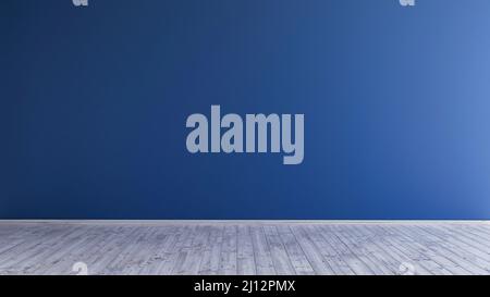 Sala vuota 3D rendering, moderno design blu soggiorno, visualizzazione 3D, illustrazione di sfondo interno, soffitto alto, pavimento minimalista in legno di quercia Foto Stock