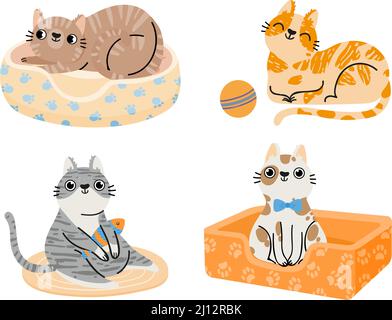 Gatti cartoni animati. Furry colorati animali seduti e sdraiati a letto, giocando con palla e pesce giocattolo. Caratteri nazionali Illustrazione Vettoriale
