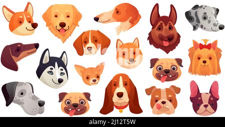 Facce carine del cane. Razze diverse come pug, Husky, dalmata, chihuahua e corgi. Belle teste di cucciolo. Animali purredi Illustrazione Vettoriale