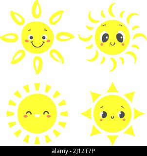 Sole disegnato a mano. Cartoon personaggi soleggiati con volti sorridenti. Elementi del mattino felice con travi lucenti Illustrazione Vettoriale