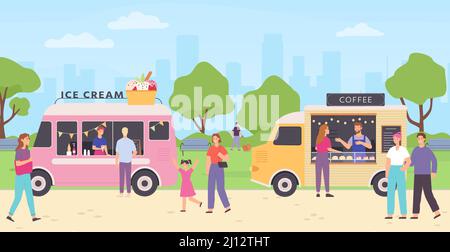 Fornitore di chioschi. Mercato alimentare di strada con camion che vendono panetteria, caffè bevande e gelato. Persone che camminano nel parco e che acquistano spuntini Illustrazione Vettoriale