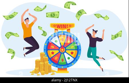 Concetto di gioco della lotteria online. Uomo e donna vincendo il jackpot sulla ruota che gira. Personaggi che saltano, banconote in caduta Illustrazione Vettoriale