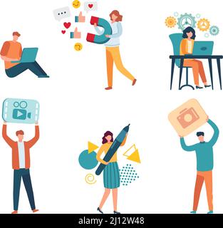 Programmatori, sviluppatori e progettisti. Specialisti IT che lavorano su laptop, scrivono codice, fanno video e foto Illustrazione Vettoriale