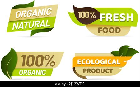 Emblemi vegani. Etichette di prodotti naturali biologici per negozi al dettaglio. Alimenti freschi ed ecologici per mercati ecologici Illustrazione Vettoriale